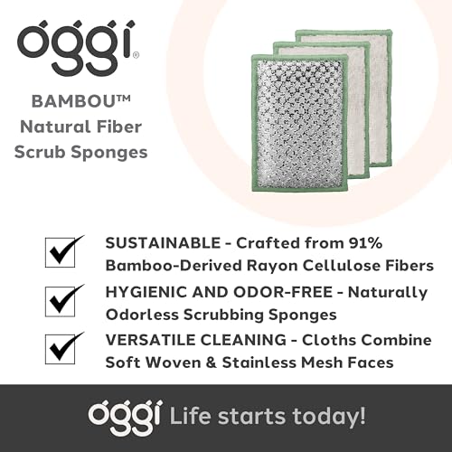 OGGI Bambou Odor-Free Scrubbing Sponges - Natural Scrub Sponges for Dishes, 91% Bamboo-Derived Rayon Cellulose Fiber, Reusable, Absorbent, Durable Scrubbers, Non-Scratch, Washable - 3 pcs, 7x4 - color: White/Sage