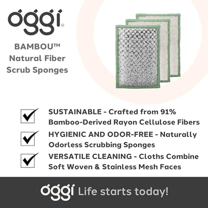 OGGI Bambou Odor-Free Scrubbing Sponges - Natural Scrub Sponges for Dishes, 91% Bamboo-Derived Rayon Cellulose Fiber, Reusable, Absorbent, Durable Scrubbers, Non-Scratch, Washable - 3 pcs, 7x4 - color: White/Sage