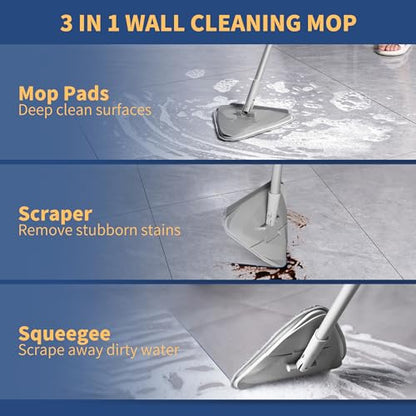 BOOMJOY Wall Cleaner Mop with 82 Inches Long Handle, Baseboard Cleaner Tool Duster with Squeegee, Ceiling Cleaning Tool with 6 Replacement Pads for Painted Walls, Window, Floor