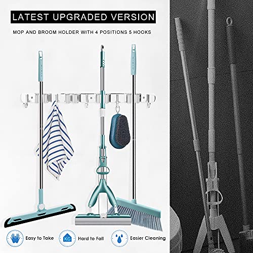 NUHATOP Broom Holder Wall Mount,4 Clips 5 Hooks, Stainless Steel, Mop and Broom Organizer Rack, Non-Slip, Cleaning Tools Storage Hanger for Garage, Laundry Room, Closet Door, Garden, Silver