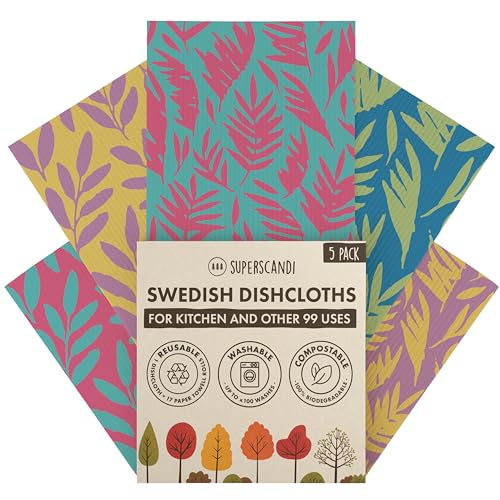 SUPERSCANDI 5 Pack Swedish Dishcloths for Kitchen - 100% Biodegradable & Compostable | Reusable Paper Towels Washable, Food-Safe & Without Plastic - Dish Rags Suitable for Any Surface | Leaves Colors - color: Leaves Colors