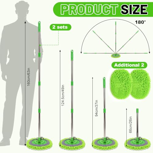 2 Pack 360° Spin Mop with 2 Microfiber Mop Refills, Extendable 63" Stainless Steel Handle for Easy Floor, Ceiling, Wall & Window Cleaning, Household Mops(Green) - color: Green