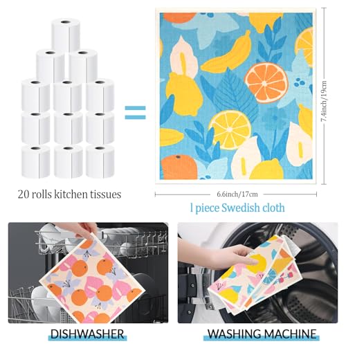 6 - Pack Swedish Kitchen Dish Cloths - Reusable Paper Towels for Counters & Dishes - Eco Friendly Cellulose Sponge Cloth (Fruit Plants) - color: G-fruit Plants