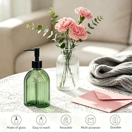 Black Pump Glass Soap Dispenser, 12oz Green Stripe Countertop Refillable Liquid Bottle Hand Dish Lotion Dispenser with Plastic Pump, for Kitchen, Bathroom Countertop - color: Green B