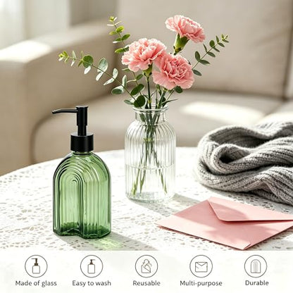Black Pump Glass Soap Dispenser, 12oz Green Stripe Countertop Refillable Liquid Bottle Hand Dish Lotion Dispenser with Plastic Pump, for Kitchen, Bathroom Countertop - color: Green B