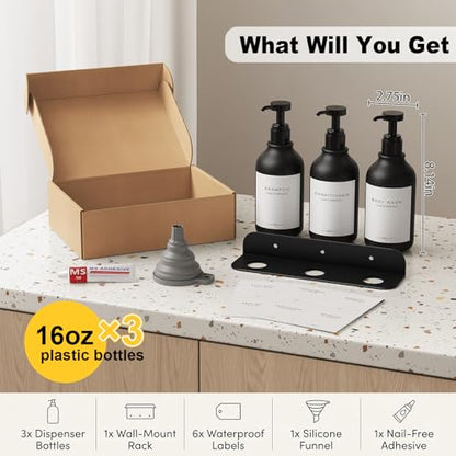 Refillable Shampoo and Conditioner Dispenser Set of 3 - Wall Mounted No Drill Pump with Bottles, 3 Chamber for Shower Soap and Body Wash Dispenser with Labels, Matte Black Bottle for Bathroom (16oz)
