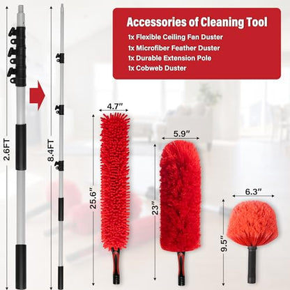 8 FT Cobweb Duster with Extension Pole, 12 FT High Reach Ceiling Fan Cleaner Duster for Home, 2.6-8 FT Extendable Pole with 3 Pcs Dusting Tools, Cubweb Duster, Feather Dusters, Ceiling Fan Duster - size: 8 FT