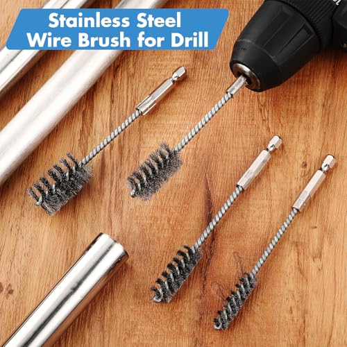 Hicarer 4 Pcs Stainless Steel Wire Brush for Drill Bore Brush Set with Hex Shank Handle Wire Brushes for Drill Ports Tubes Bearings Cleaning Parts Attachments and More, 3/8'', 1/2'', 3/4'', 7/8''