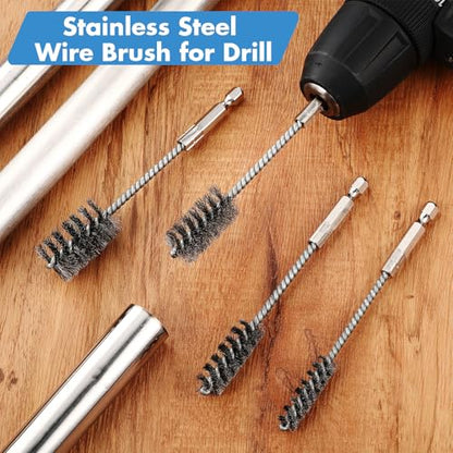 Hicarer 4 Pcs Stainless Steel Wire Brush for Drill Bore Brush Set with Hex Shank Handle Wire Brushes for Drill Ports Tubes Bearings Cleaning Parts Attachments and More, 3/8'', 1/2'', 3/4'', 7/8''