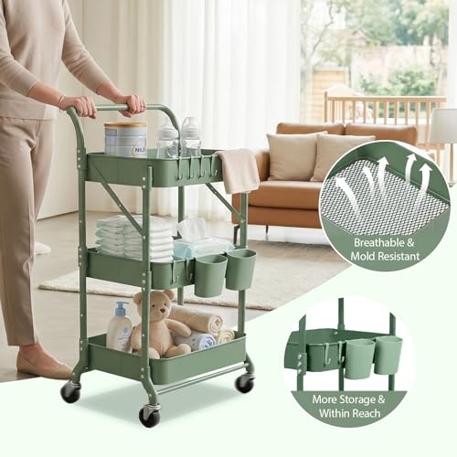 Amatic 3-Tier Folding Rolling Utility Cart with Wheels, Metal Foldable Storage Cart Organizer with 3 Hanging Cups & 6 Hooks for Kitchen, Office, Living Room, Nursery(Green) - color: Green