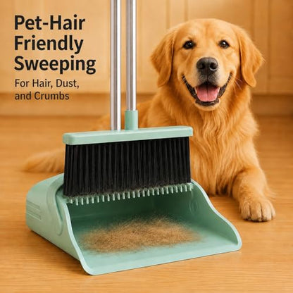 Broom and Dustpan Set, 52-Inch Adjustable Long Handle with Self-Cleaning Comb Teeth, Flexible TPR Lip and Foot-Assisted Fold-Up Dustpan for Pet Hair, Dust, Crumbs and Hard Floors, Green - color: Green