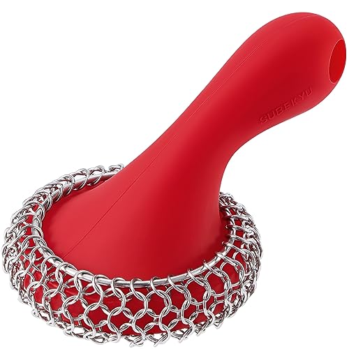 SUBEKYU Cast Iron Scrubber with Silicone Handle, Stainless Steel Cast Iron Skillet Cleaner Chainmail Scrubber for Cast Iron Pans, Red - color: Red