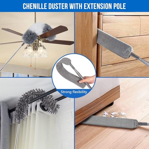 Dusters for Cleaning - 9Pcs Feather Duster Extendable Pole Up to 100'', Microfibre Feather Duster Bendable Washable Long Duster for Cleaning Ceiling Chandelier High Ceiling Furniture - color: 9pcs