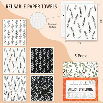 Swedish Dishcloths for Kitchen, 5 Pack Reusable Paper Towels Washable, Super Absorbent Swedish Dish Cloths, Non-Scratch, No Odor - color: 5 Count- Black and White