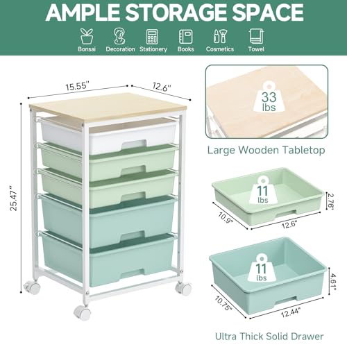 SYKIARIOL Utility Cart with 5 Drawers,Storage Cart with Wooden Tabletop and Lockable Wheels,Craft Storage Trolley Organizer,5-Tier Rolling Utility on Wheels,Light Green - color: Green