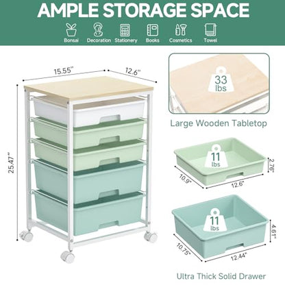 SYKIARIOL Utility Cart with 5 Drawers,Storage Cart with Wooden Tabletop and Lockable Wheels,Craft Storage Trolley Organizer,5-Tier Rolling Utility on Wheels,Light Green - color: Green