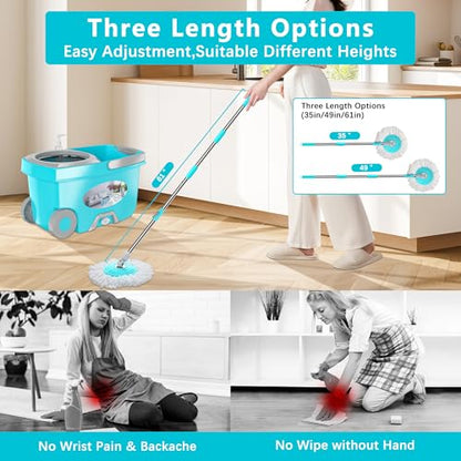 FunClean Spin Mop and Bucket for Home Cleaning, 360° Rotating Floor Mop with Wringer, Adjustable 61" Handle for Back Pain Relief, 6 Microfiber Replacement Heads, 2 Easy-Move Wheels - Blue - size: Blue Mop Bucket with 6 Extra Refills