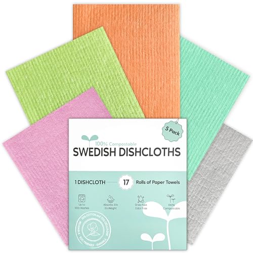 Swedish Dishcloths for Kitchen, 5 Pack Swedish Dish Cloths, Ultra Absorbent Reusable Paper Towels, Cellulose Sponge Cloths, Quick Drying, No Odor, Dishwasher Safe - color: Colorful