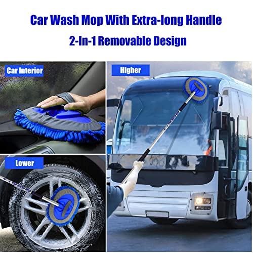 62" Car Wash Brush Mop Kit with Long Handle, 2 in 1 Chenille Microfiber Sponge Mitt Cleaning Detailing Duster for Washing Cars Truck SUV RV Caravans and Household(2 x Mop Head) (Blue) - color: Blue