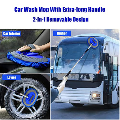 62" Car Wash Brush Mop Kit with Long Handle, 2 in 1 Chenille Microfiber Sponge Mitt Cleaning Detailing Duster for Washing Cars Truck SUV RV Caravans and Household(2 x Mop Head) (Blue) - color: Blue