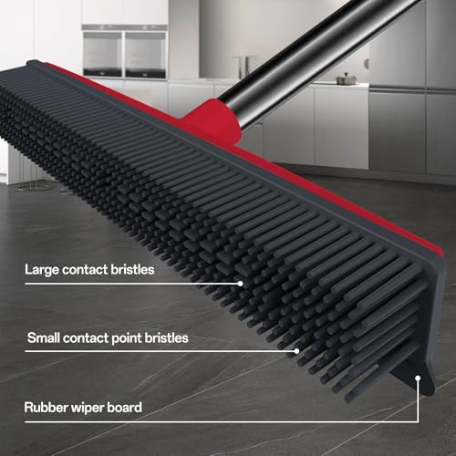 Rubber Broom with Hair Removal Gloves for Carpet Pet Hair Remover,50 inch Long Handled Fur Remover Rake,Portable Detailing Lint Brush,Pet Removal Fluff Carpet, Hardwood Floor and Tile,Red
