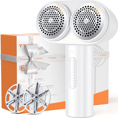 TORRAS Dual-Head Fabric Shaver, Longest Durability & 50ml Large Capacity Rechargeable Lint Removers to Remove Pills, 6-Leaf Blades Defuzzer, Electric Shaver for Clothes Couch Furniture, Pearl White - color: White