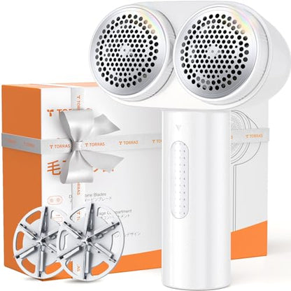 TORRAS Dual-Head Fabric Shaver, Longest Durability & 50ml Large Capacity Rechargeable Lint Removers to Remove Pills, 6-Leaf Blades Defuzzer, Electric Shaver for Clothes Couch Furniture, Pearl White - color: White