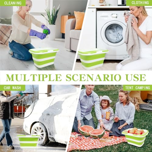 Large Collapsible Bucket for Cleaning, 4.2 Gallon (16L) Silicone Bucket with Handle & Hanging Hole, Foldable Space-Saving Mop Bucket for Home, Storage. Car Wash, Camping, Beach (Green White) - color: Green White