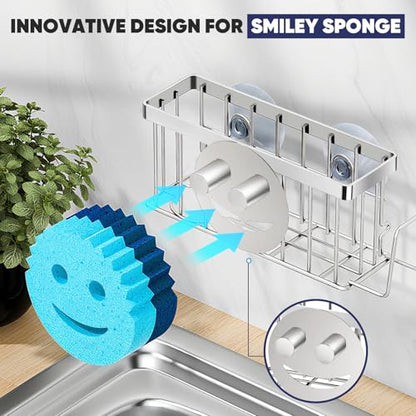 MURLONG Sponge Holder for Kitchen Sink,Sink Caddy Smiley Face,4-in-1 Sponge Holder with Suction Cups & 1 PCS Adhesive Strips for Holding Soap,Brush,Scrubber,Sponge,Stopper-Silver - color: Silver