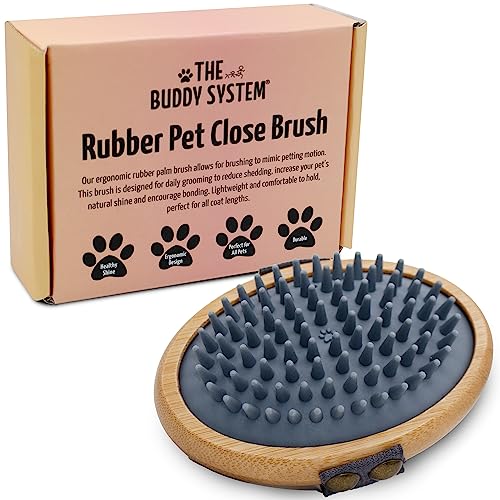 The Buddy System Rubber Pet Close Brush, Soft Touch Oval Palm Brush - Bamboo Massage Handheld with Rubber Bristles and Elastic Band for Dogs and Cats - Gray - color: Rubber Bristle - Gray