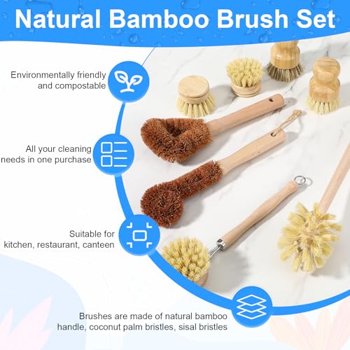 9pcs Bamboo Dish Brush Set Wooden Dish Brush with 14’’ Bottle Brush Natural Kitchen Scrub Brush Dish Scrubber for Kitchen Cleaning Dishes Pans Bottles Sink Vegetables Household
