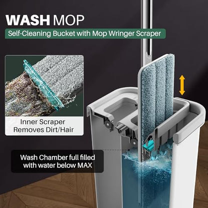 JOYMOOP Flat Mop System, Microfiber Mop and Bucket Set, White, Hands-Free Wet and Dry Floor Cleaning for Household and Commercial Use, Includes 5 Washable Pads - color: White Lite135