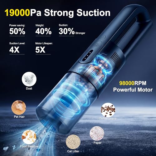 Handheld Vacuum Cordless, Car Vacuum Portable Cordless 30 Mins Rapid Rechargeable Brushless Motor 19000Pa Strong Suction, Portable Vacuum for Car Home with 4 Nozzles (Black)
