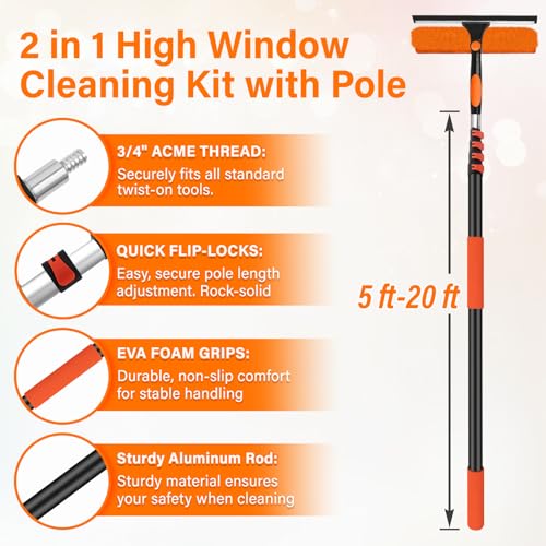26FT Telescoping Window Squeegee Kit | 2-in-1 Professional Window Washer & Microfiber Scrubber with Extension Pole | High Reach Cleaning Tool for Outdoor, Indoor Windows & Glass - size: 20FT