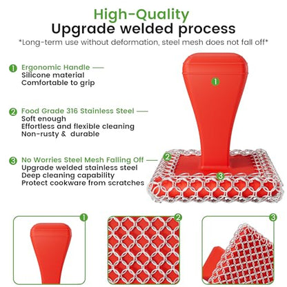 TOPULORS Cast Iron Scrubber Cleaner & 316L Stainless Steel Chainmail Scrubber with 2 Scrapers, Ergonomic Silicone Handle Brush for Pans Skillets Grills Dishes Cleaning - Non-Scratch Rust-Proof - Red