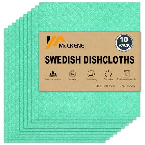 MoLKENE Swedish Dishcloths - 10 Pack Reusable Kitchen Dishcloths - Ultra Absorbent Dish Towels for Washing Dishes - Cellulose Sponge Cloth Cleaning Cloths - Green - color: 10 Pack Green, size: 10 Pack