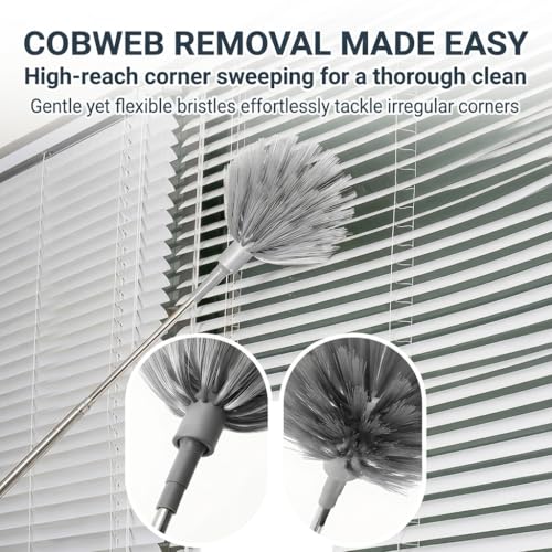 100" Extendable Microfiber Duster Kit - 5-in-1 Cleaning Tool with Long Telescoping Pole - Bendable Cobweb Duster & Chenille Head for Ceiling Fans, High Ceilings, Blinds, Furniture - Washable
