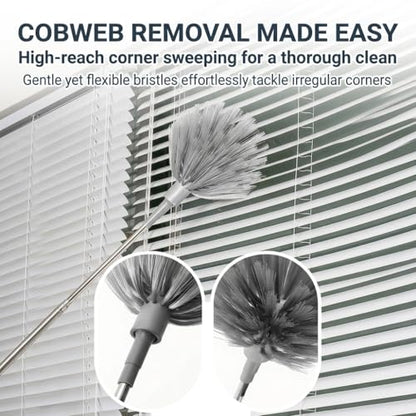 100" Extendable Microfiber Duster Kit - 5-in-1 Cleaning Tool with Long Telescoping Pole - Bendable Cobweb Duster & Chenille Head for Ceiling Fans, High Ceilings, Blinds, Furniture - Washable