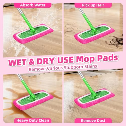 Microfiber Mop Pads - 4 Pack Reusable Washable Refills for Wet & Dry Floor Cleaning - Fits Most Standard Mops - Rose Pink Household Cleaning Pads - color: Rose Pink