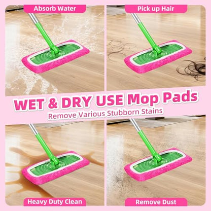 Microfiber Mop Pads - 4 Pack Reusable Washable Refills for Wet & Dry Floor Cleaning - Fits Most Standard Mops - Rose Pink Household Cleaning Pads - color: Rose Pink