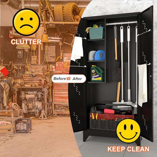 75" Metal Garage Storage Cabinet, Cleaning Tool Storage Cabinet, Utility Garage Storage Broom Closet with Doors, Hanging Rod (Black, Door-2)