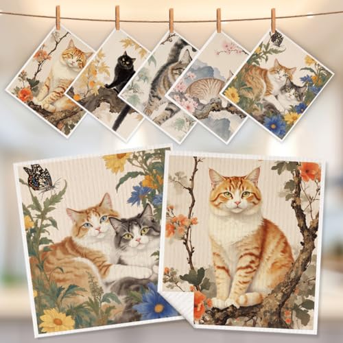 5 Pcs Cute Kitten & Flower Swedish Dishcloths, Cat Themed Swedish Dishcloth, Artistic Dish Cloths for Drying Dishes, Reusable Cleaning Cloths, Housewarming Gifts for Women 1 - color: Lm 04244
