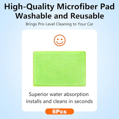 Windshield Cleaner Tool with 6 Reusable Magic Fiber Pads & Spray Bottle, Removable Handle Car Window Wiper Kit for Interior/Exterior Glass, Trucks, SUVs, RV (Dry & Wet Use)