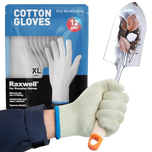 Raxwell White Cotton Gloves - Premium Knit Work Gloves, 12 pairs - Durable Liners for BBQ, Painting, Gardening, Industrial, & Mechanics, Natural Color, Size X-Large - size: X-Large, style: 12 Pairs