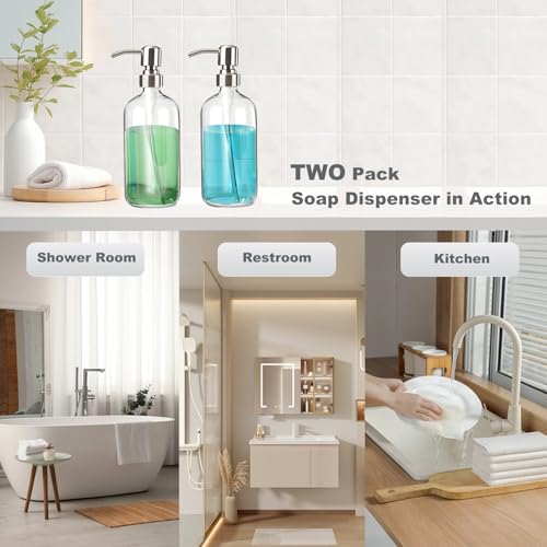 Clear Glass Soap Dispenser - Refillable Liquid Hand Lotion Dispenser for Kitchen Bathroom with Rust Proof Stainless Steel Pump (17OZ/ 500ML) (2 Pack)