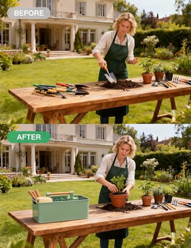 Gardening Tool Caddy, Garden Tool Basket with 4 Compartments, Metal Garden Caddy with Wooden Handle for Indoor & Outdoor - color: Green