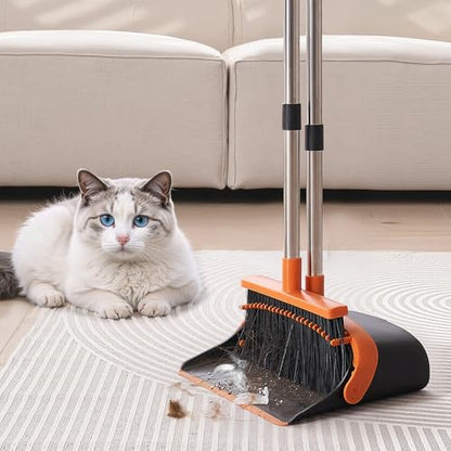 VEVOR Broom and Dustpan Set, Heavy Duty Dustpan and Broom Combo with Self-Cleaning Teeth, Metal Upright Standing Dust Pan with Long Handle, Ideal for Home, Restaurant, Office, Dorm, Black+Orange