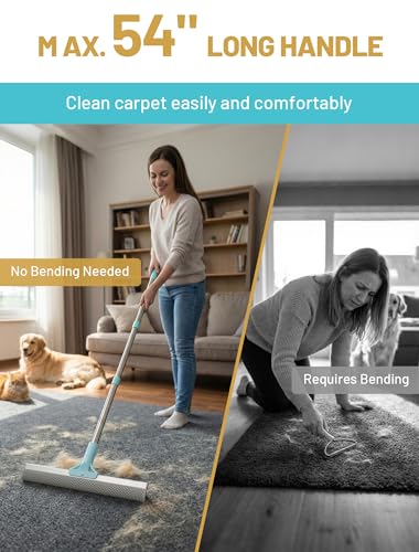 Carpet Rake for Pet Hair Removal: DELOMO Carpet Scraper Broom with 54” Adjustable Long Handle, Dual-Sided, Metal + Short Silicone for Carpets & Rugs, Extended Silicone for Shag Rugs & Hard Floors