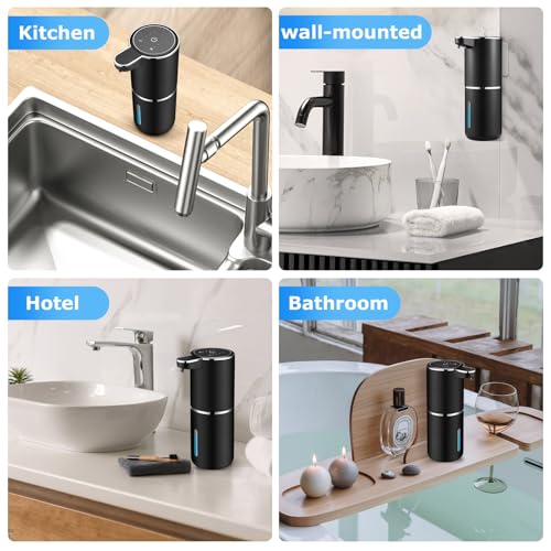 Automatic Foaming Soap Dispenser,Touchless Soap Dispenser with 4 Adjustable Foam Levels,Wall Mounted and USB Rechargeable,12.8oz Large Capacity for Bathroom,Kitchen Sink,Dish Soap(Black)