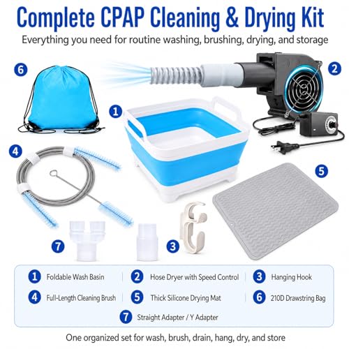 Complete CPAP Cleaning Kit and Drying Kit with CPAP Hose Dryer, 78.7 in Hose Brush for 22 mm & 15 mm Tubing, Collapsible Wash Basin, Thick Silicone Drying Mat, Straight & Y Adapter, No Heat - color: Ultra